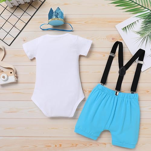 Miniatura 3 de IBTOM CASTLE Traje de 1er cumpleaños para bebé niño, mameluco de animales del bosque de la selva, bombachos y tirantes, 3 piezas, ropa para