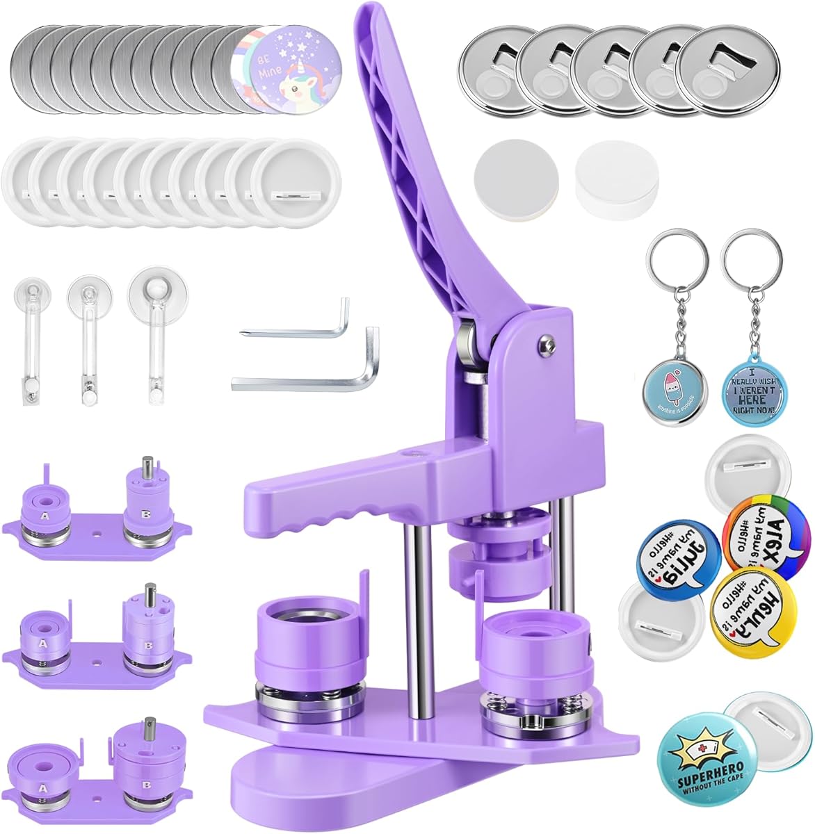 Buttonmaschine Button Badge Maker 25+32+58 mm 300 Sets Kunststoff-Abzeichen-Nadelrücken, Zimiking, mit 10 Flaschenöffner, 10 Schlüsselanhänger-Sets, Formen & Rundpapierschneider (Lila)