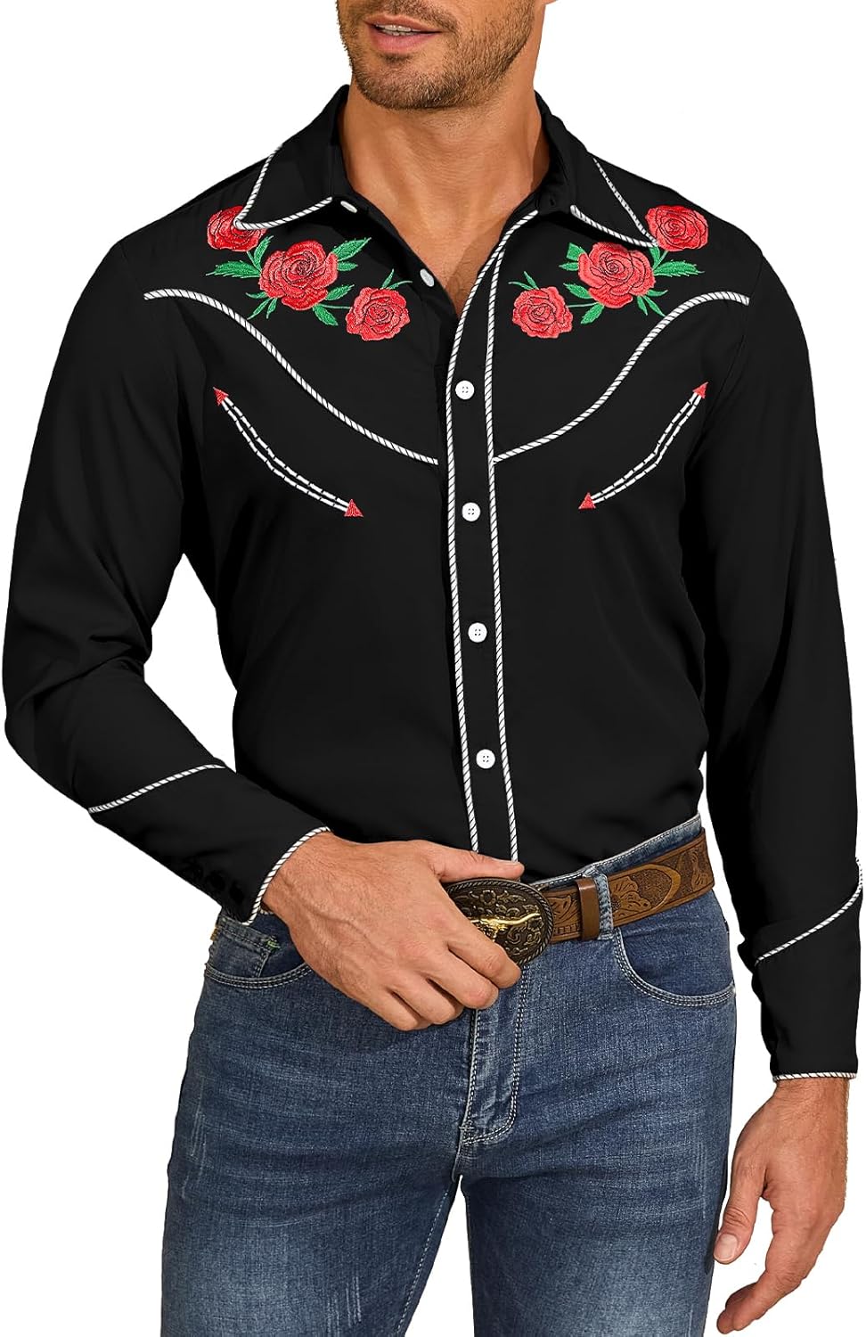 American Trends Men's Western Cowboy Shirt - Long Sleeve Mexican Shirt for Halloween Day of The Dead Button Down Casual Shirt