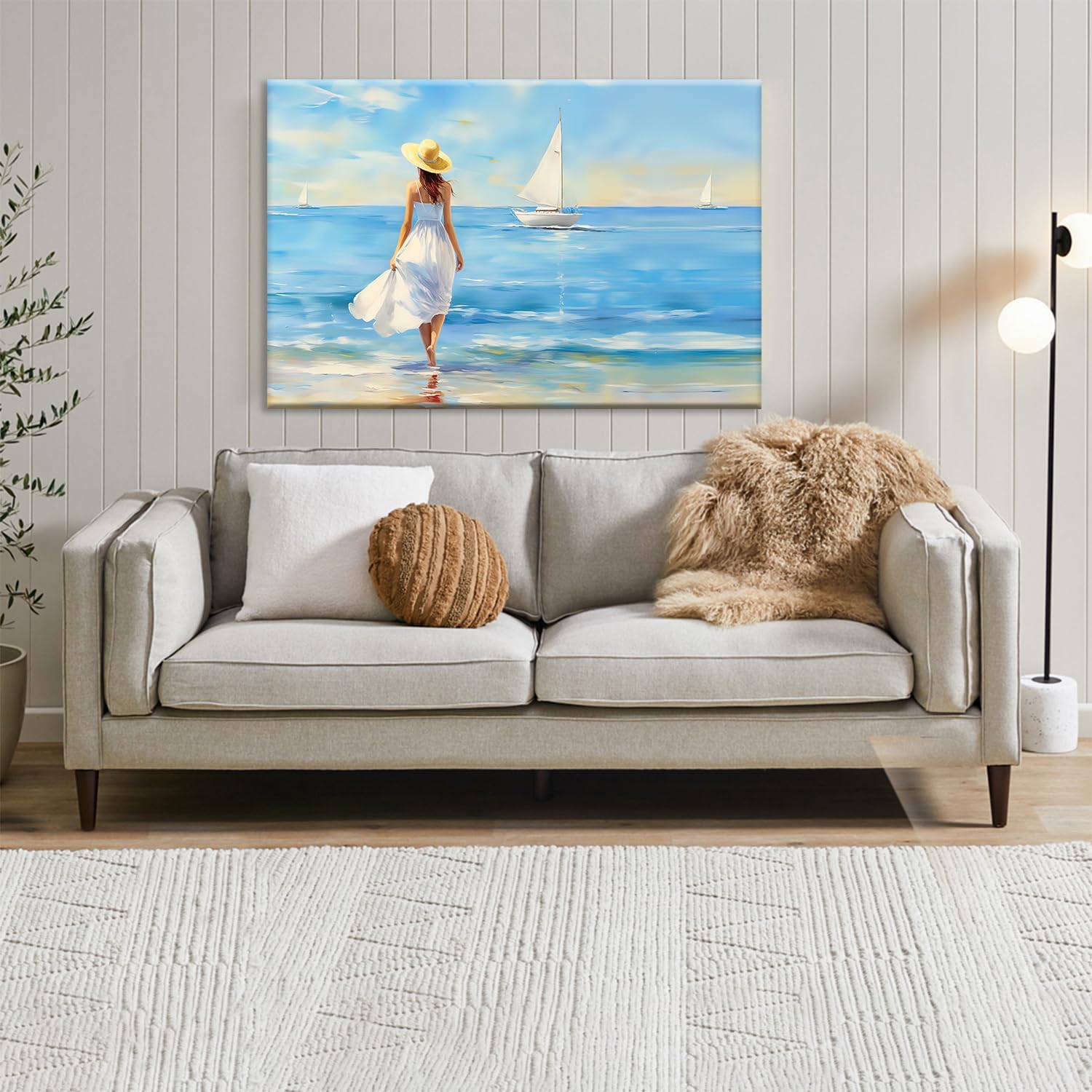 MODOJOART Sea Beach Canvas Wall Art, Girl in A White Dress at the Seaside Painting Poster Relaxing Coastal Seascape Picture Print for Bedroom Study Decor(Artwork-03, 18"x12")