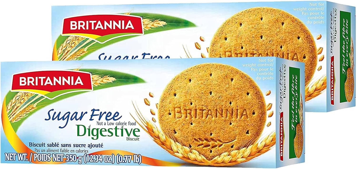 Britannia Digestive Sugar Free Biscuits 12.34oz (350g) - Whole Wheat Flavor Cookies - Breakfast & Tea Time Healthy Snacks - Suitable for Vegetarians (Pack of 2)