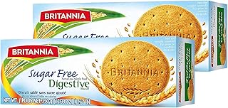 BRITANNIA Digestive Sugar Free Biscuits 12.34oz (350g) - Whole Wheat Flavor Cookies - Breakfast & Tea Time Healthy Snacks (Pack of 2)