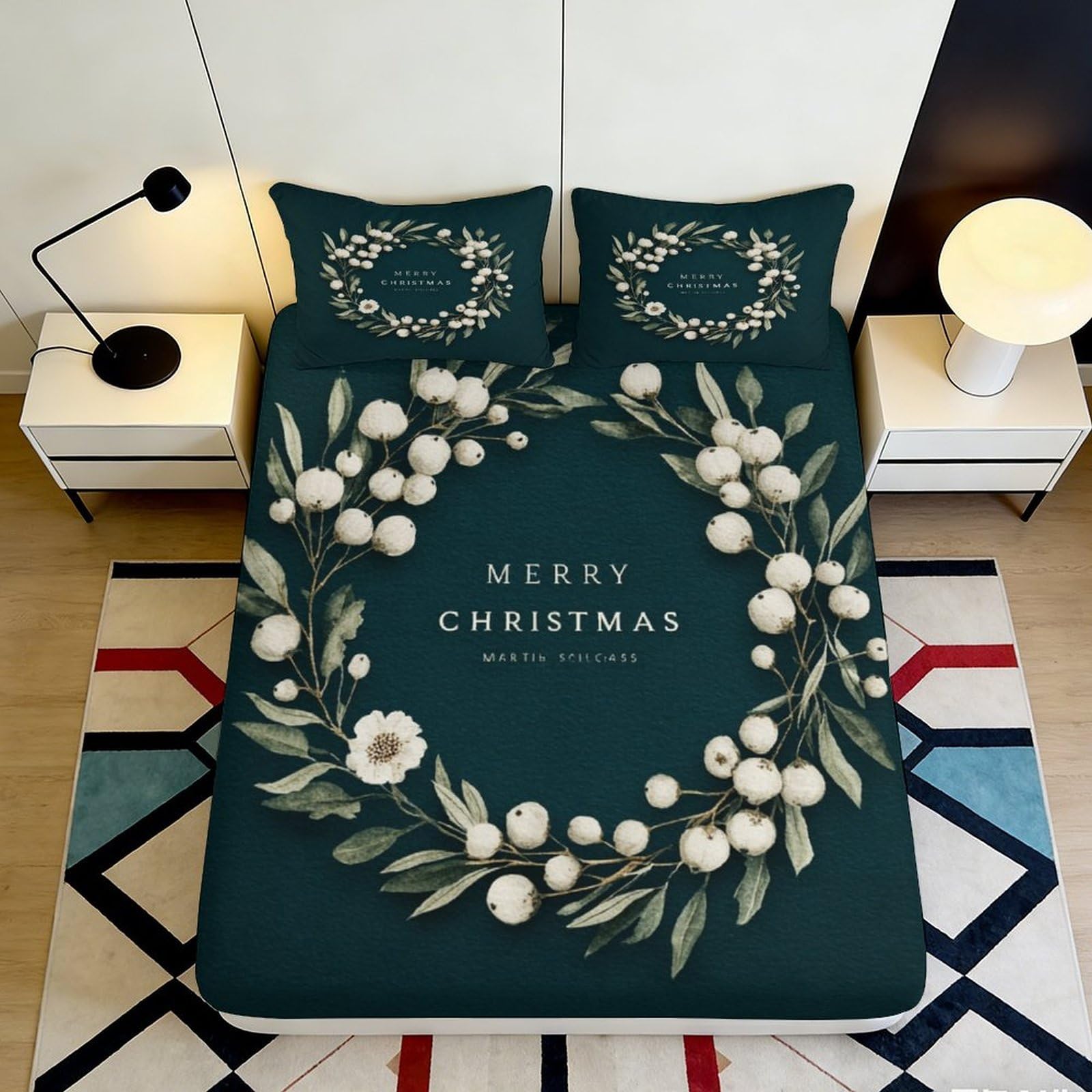 Pnayamiorkfel Style-10 3D Printed Christmas Wreath Fitted Sheet Microfiber Soft Dark Green Holiday Bed Sheet For Bedroom Guest Room Decor 90X200x25cm