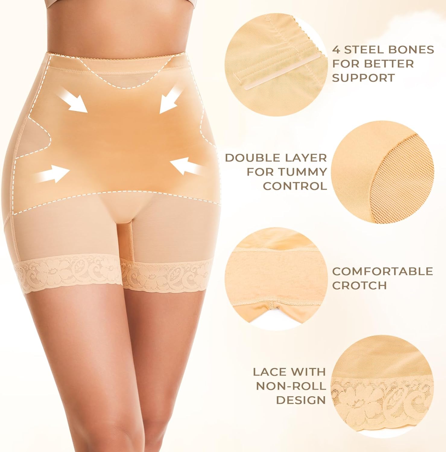fortix Womens Padded Shapewear High Waisted Hip Enhancer Butt Lifter Thigh Slimmer Seamless Fake Hip Shorts