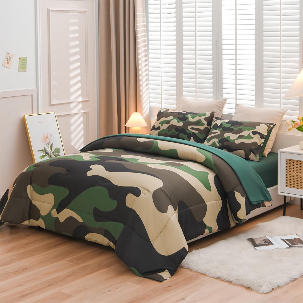 Holawakaka Twin Size Camouflage Bedding Comforter Set with Sheets, Boys Girls Men Camo Bed in A Bag 5 Pieces,Kids Teens Dorm Bed Sets Neutral Farmhouse Lodge Cabin Army Bedspread (Army Green, Twin)