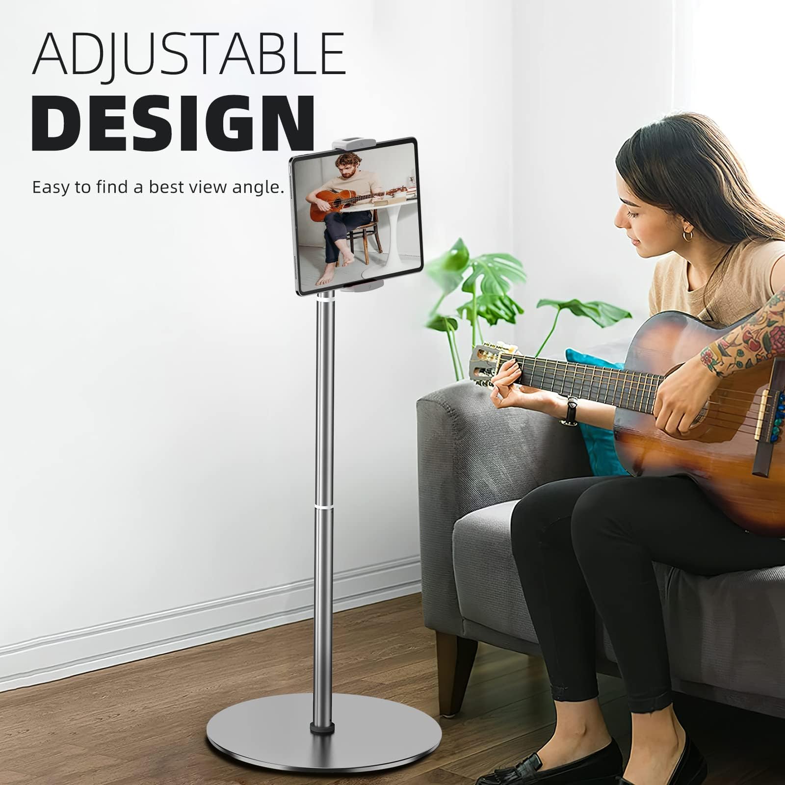 Tablet Floor Stand, Height Adjustable (16.5-66.1 inch), 360 gradi rotante, alluminio lega Cradle Mount Dock for 4.7"-12.9" Screen iPhone Samsung, iPad, Kindle, eBook Reader (bianco)