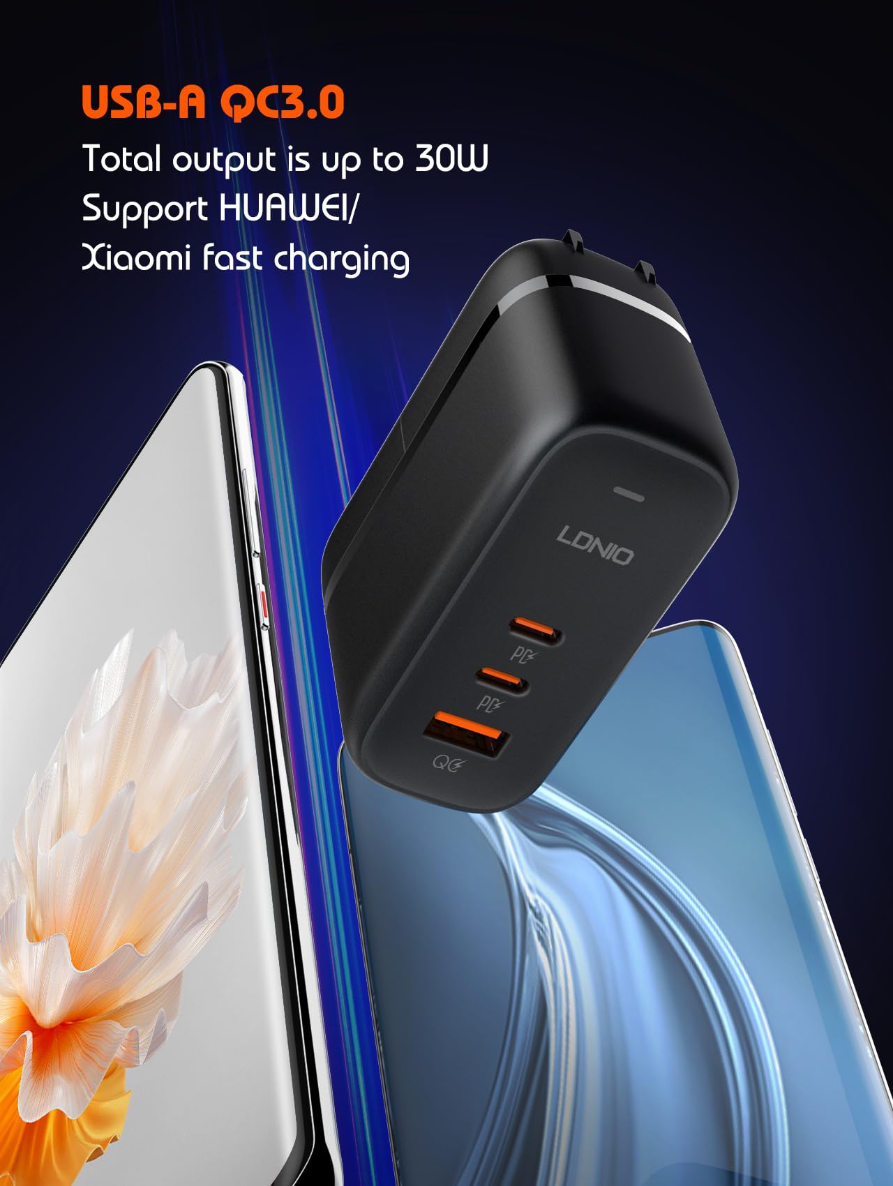 MANTO Chargeur Rapide GaN 65W avec Adaptateur Voyage 3-en-1 (US/UK/EU), 3 Ports 2C1A, PD3.0 & QC3.0, Compatible MacBook, iPhone 17, Samsung Galaxy