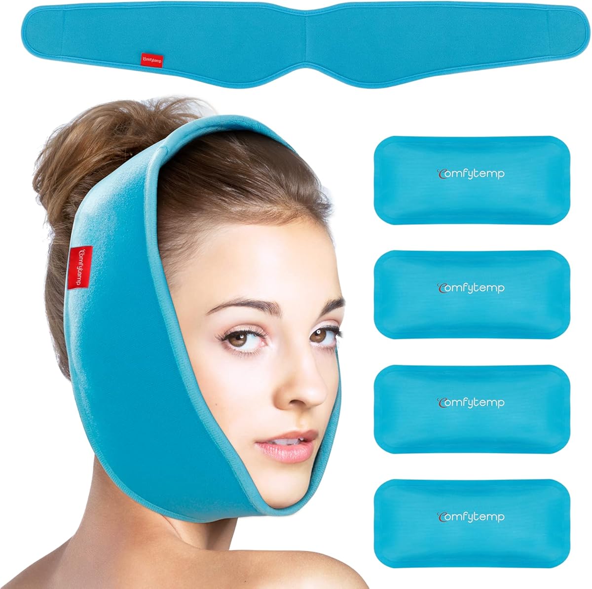 Comfytemp Wisdom Teeth Ice Pack Head Wrap, 4 Reusable Hot & Cold Gel Packs with Adjustable Stretch Wrap, Face Ice Pack for TMJ, Hands-Free Soft Gel Cold Pack, Jaw, Chin and Head Comfort