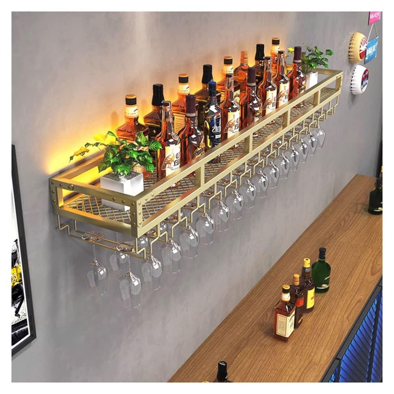 Wine rackFloating Bar Unit with LED Light Wine Glass Rack Multifunctional Iron Bottle Holder - Gold Color
