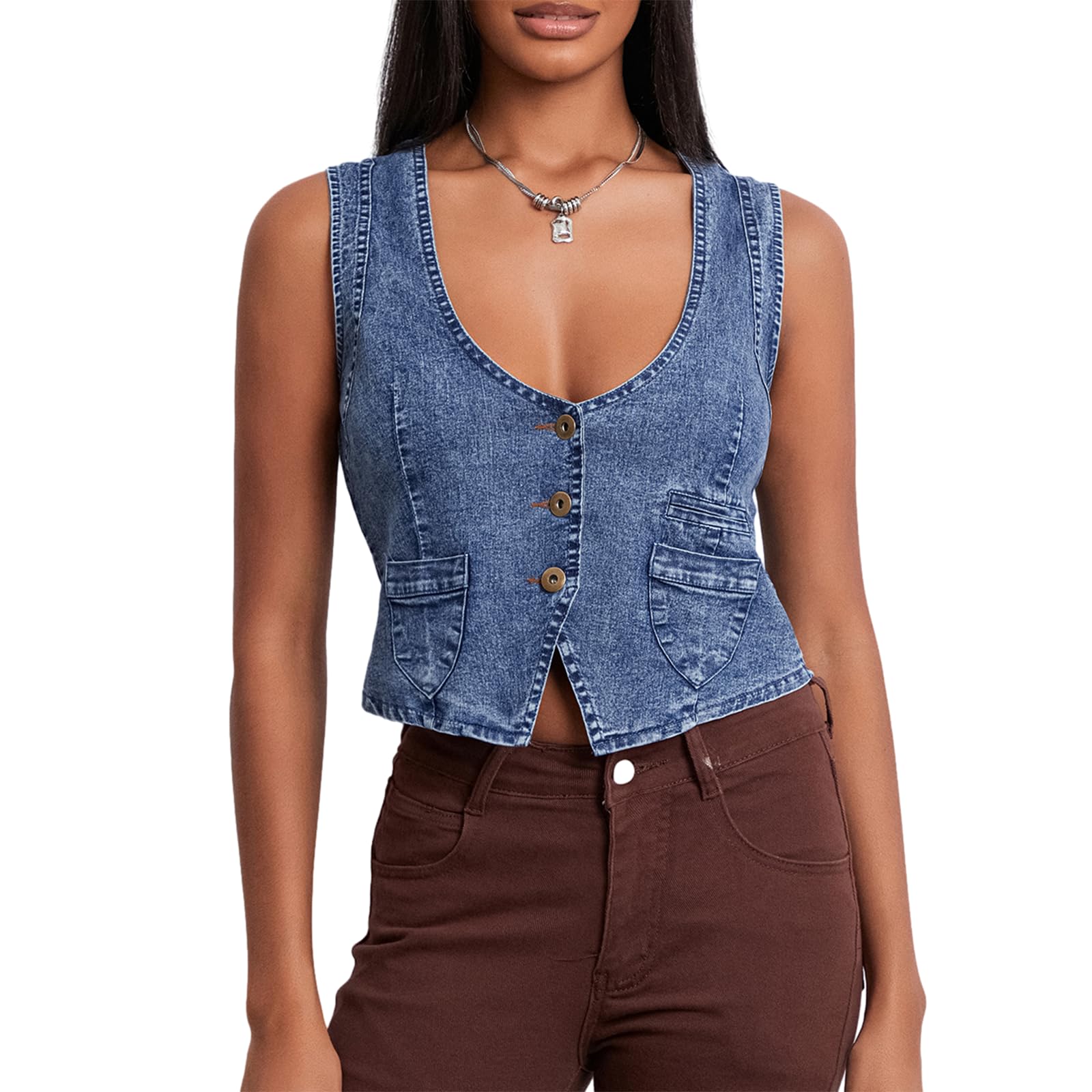 Felcia Women Summer Sleeveless Denim Waistcoat Sexy V Neck Button Down Denim Vest Casual Cropped Going Out Jean Tops (M-Blue, L)