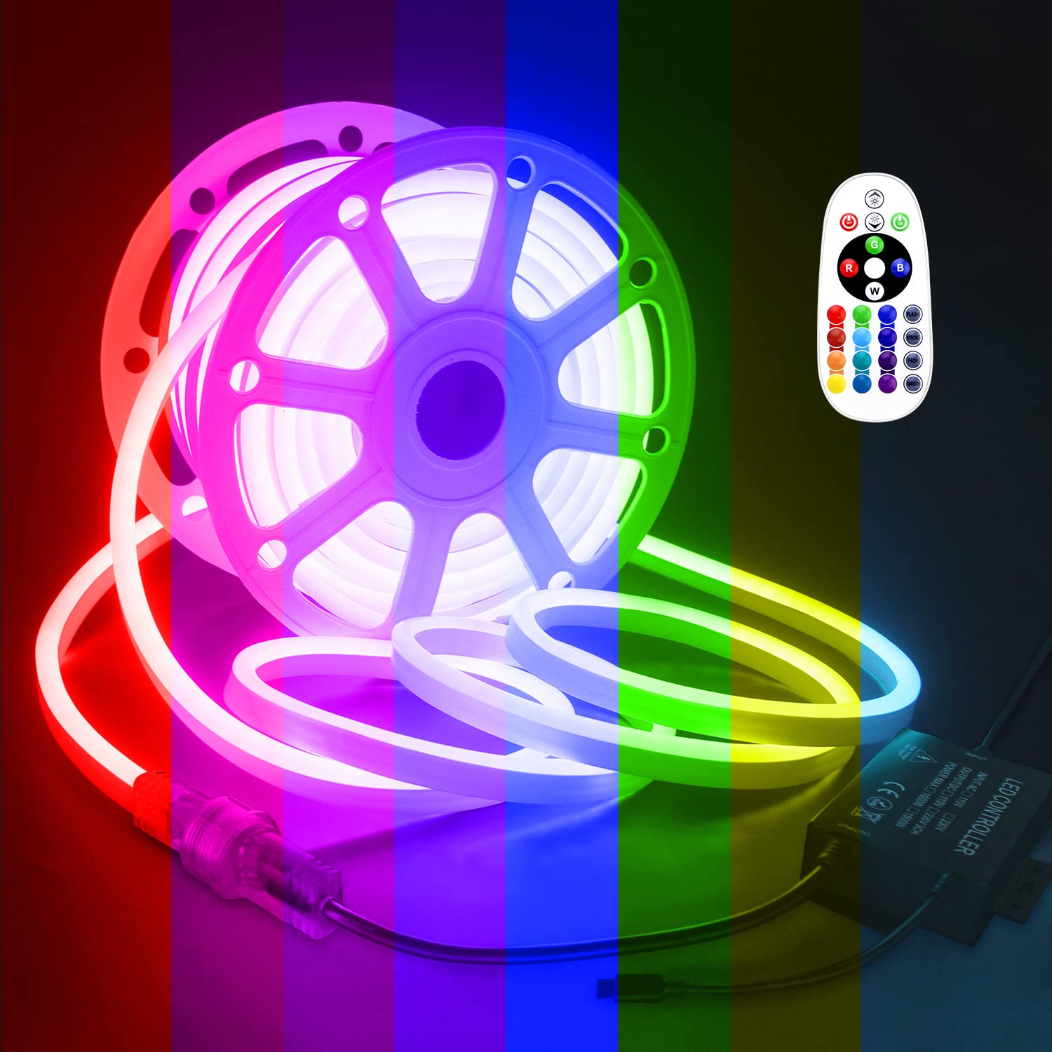 Aclorol LED Neon Rope Lights RGB Connectable AC 110V-130V Neon Flexible LED Strip Lights Outdoor Waterproof Multicolor Color Changing with Romote Controller for Indoor Outdoor Garden Building 20M