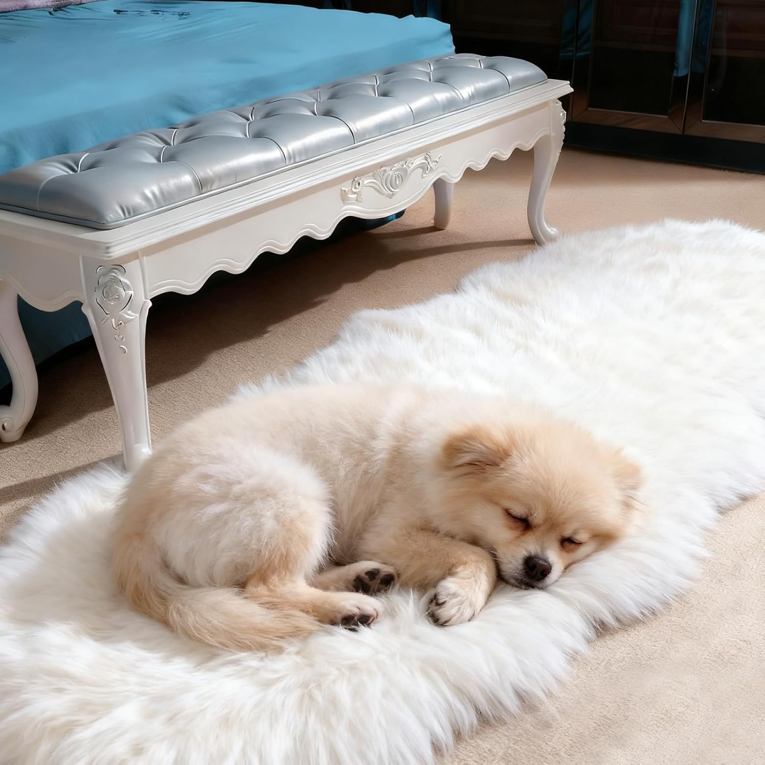 Genuine Sheepskin Rug with Little Patches | Premium Ivory White Fluffy Sheep Skin Carpet for Bedroom Fireplace | Soft Wool Throw Blanket for Elder, Pet | Luxurious Fur Rug for Chair, Sofa, 2FT×6FT