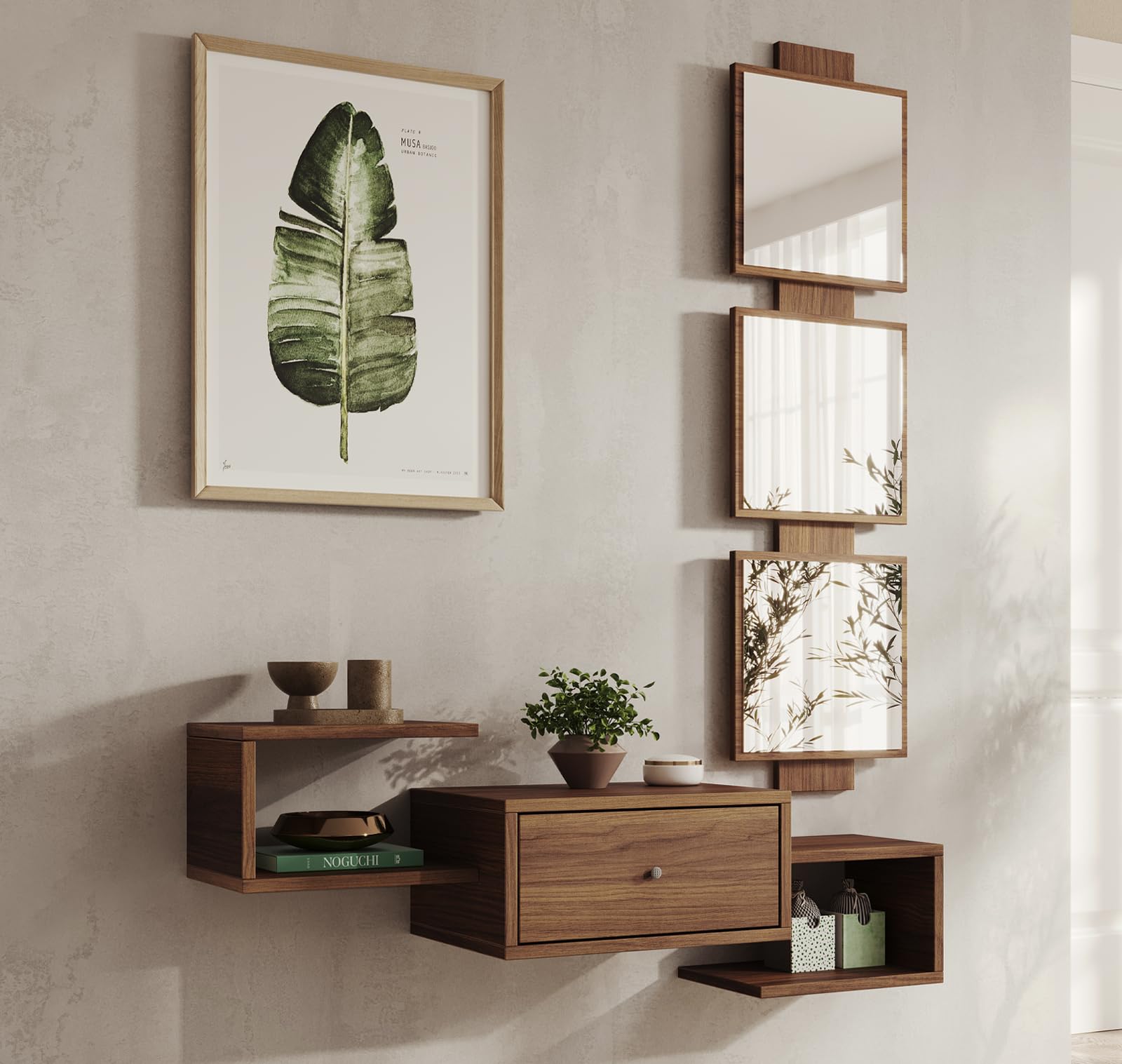 MB Muebles Bonitos, Mobile Ingresso Sospeso Neo, con Specchio e Cassetto, Melamina, Colore Noce Ambar Opaco, 99.5x145x22cm