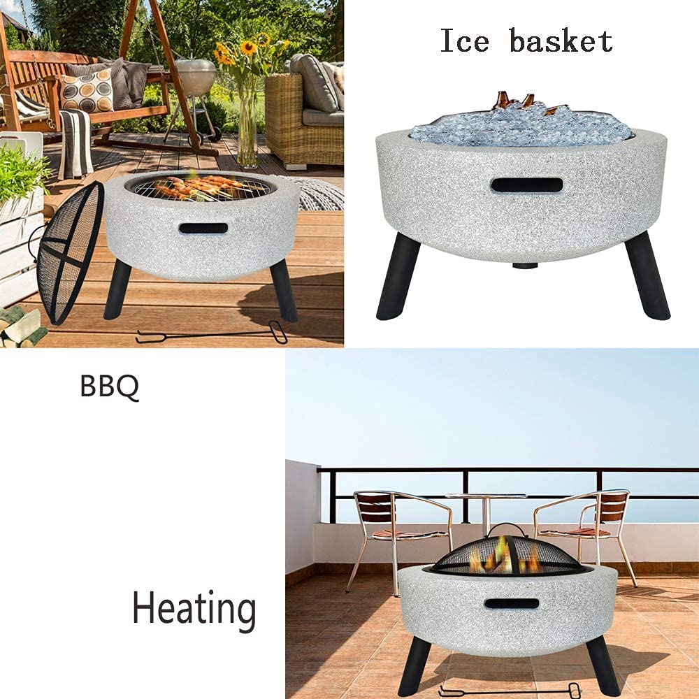 Mesa para Hoguera para Exterior Redonda, Hormigón, Piedra de Imitación para Fogata Al Aire Libre, con Pantalla de Chispa, Póquer para Chimenea, Rejilla Y Parrilla para Exterior, Jardín Black