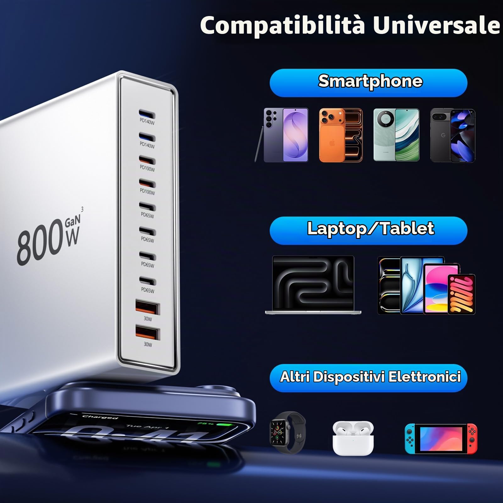 Stazione di ricarica multi-porta 800W USB‑C con doppio PD PPS, 8 porte USB‑C e 2 porte USB‑A, compatibile con MacBook Pro/Air, iPhone 16/15/14, Galaxy S25/S24/S23