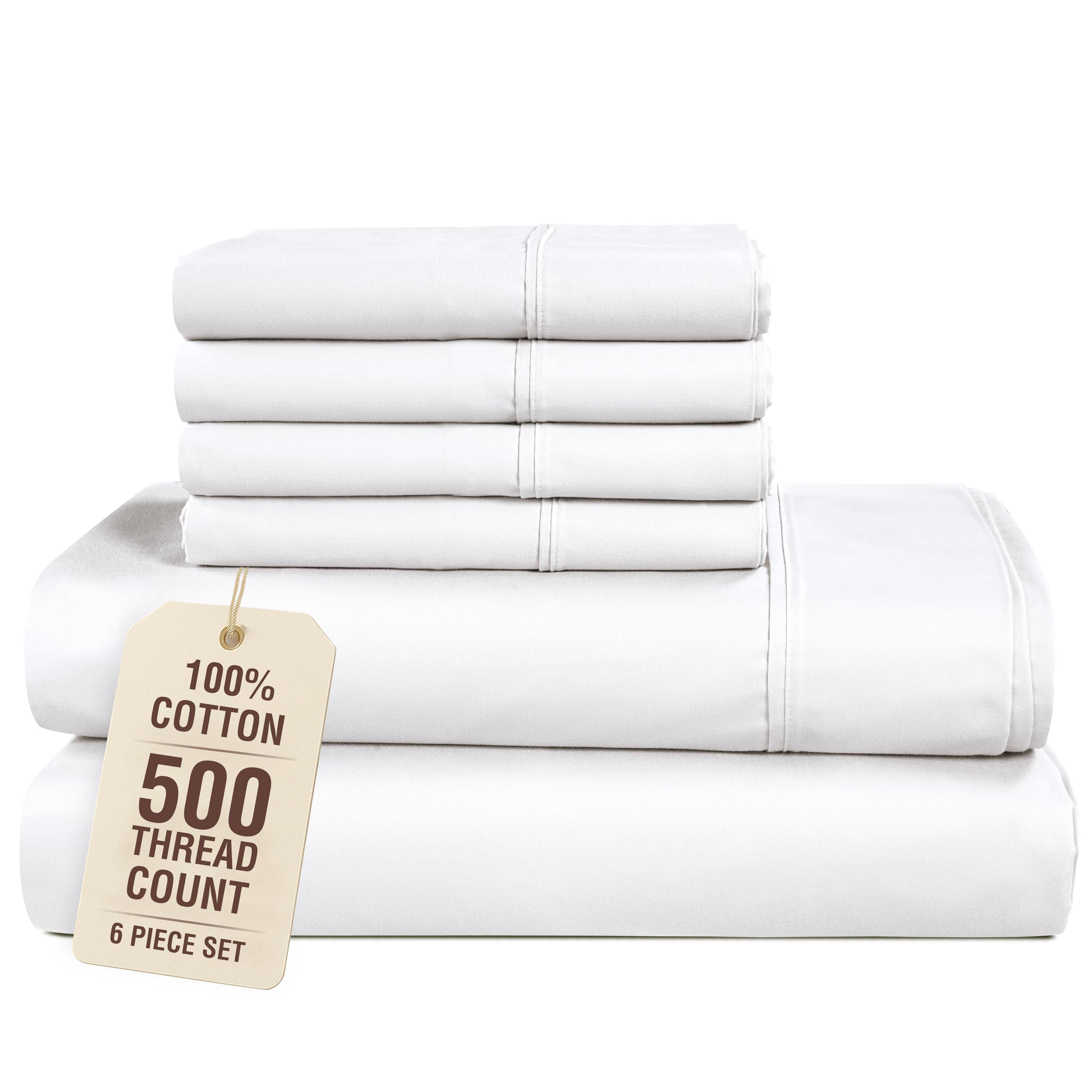 Casa Platino King Size Sheet Set, 6 Piece 100% Cotton Bed Sheet Set with 500 Thread Count Buttery Soft Sateen Finish, Long-Lasting and Lightweight, 15