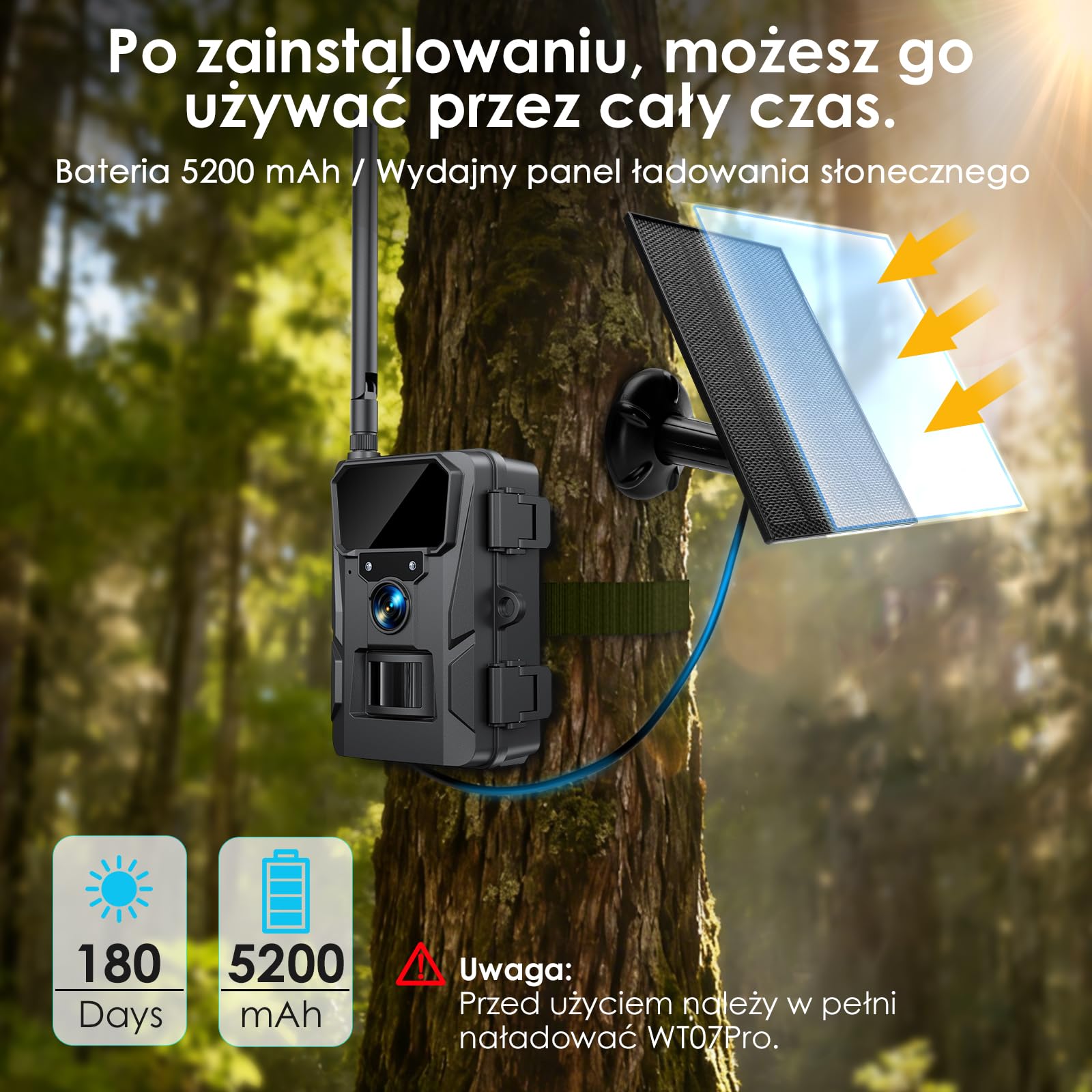 WOLFANG Komórkowa kamera przyrodnicza 4G LTE, zasilana energią słoneczną, kamera 2K 48 MP z baterią 5200 mAh, wyświetlacz 2,0 cala, sterowanie aplikacją, noktowizor, aktywowany ruchem wyzwalacza 0,2 s