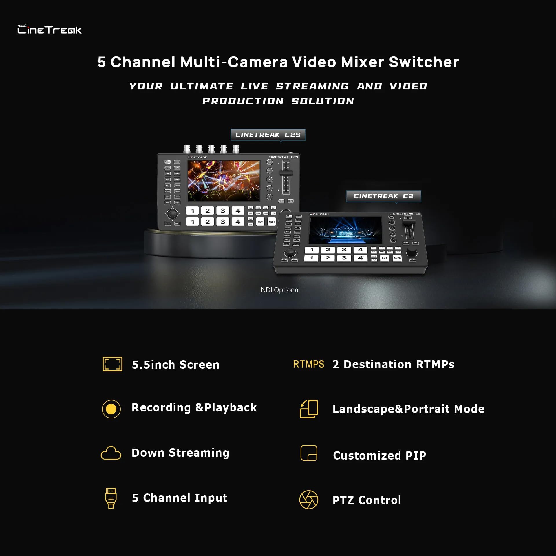 Cinetreak Cinelive C2S con 2 Cámaras PT20 NDI, Mezclador Live SDI/HDMI