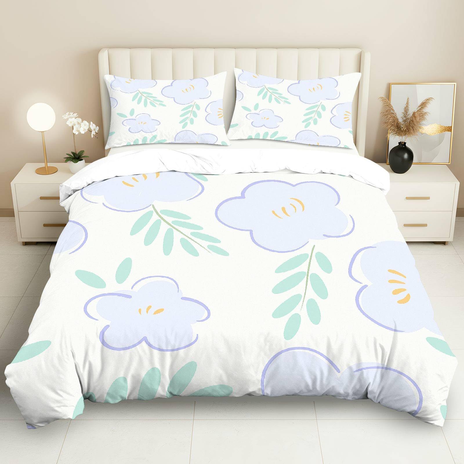 Parure de lit 3 pièces motif floral pastel housse de couette 210x210 cm avec 2 taies d'oreiller