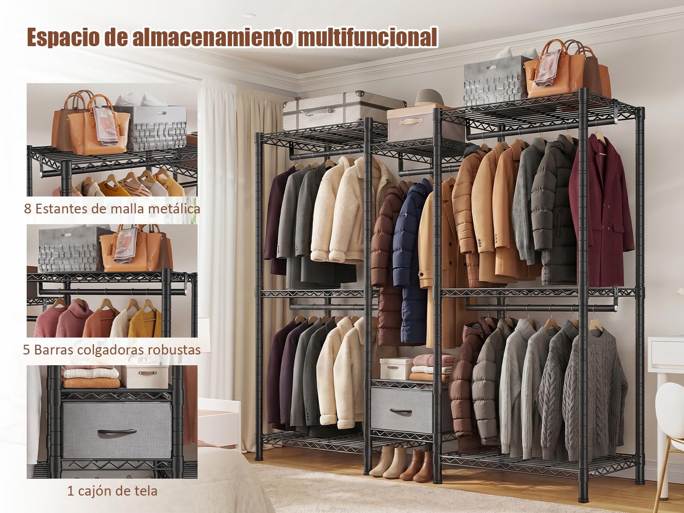 Burro ropa resistente, Armarios dormitorio metálico con 8 estantes regulables en altura, 5 barras para ropa y 1 cajón, 550 KG de carga, Perchero burro ropa, 189x45x194,5 cm, Negro