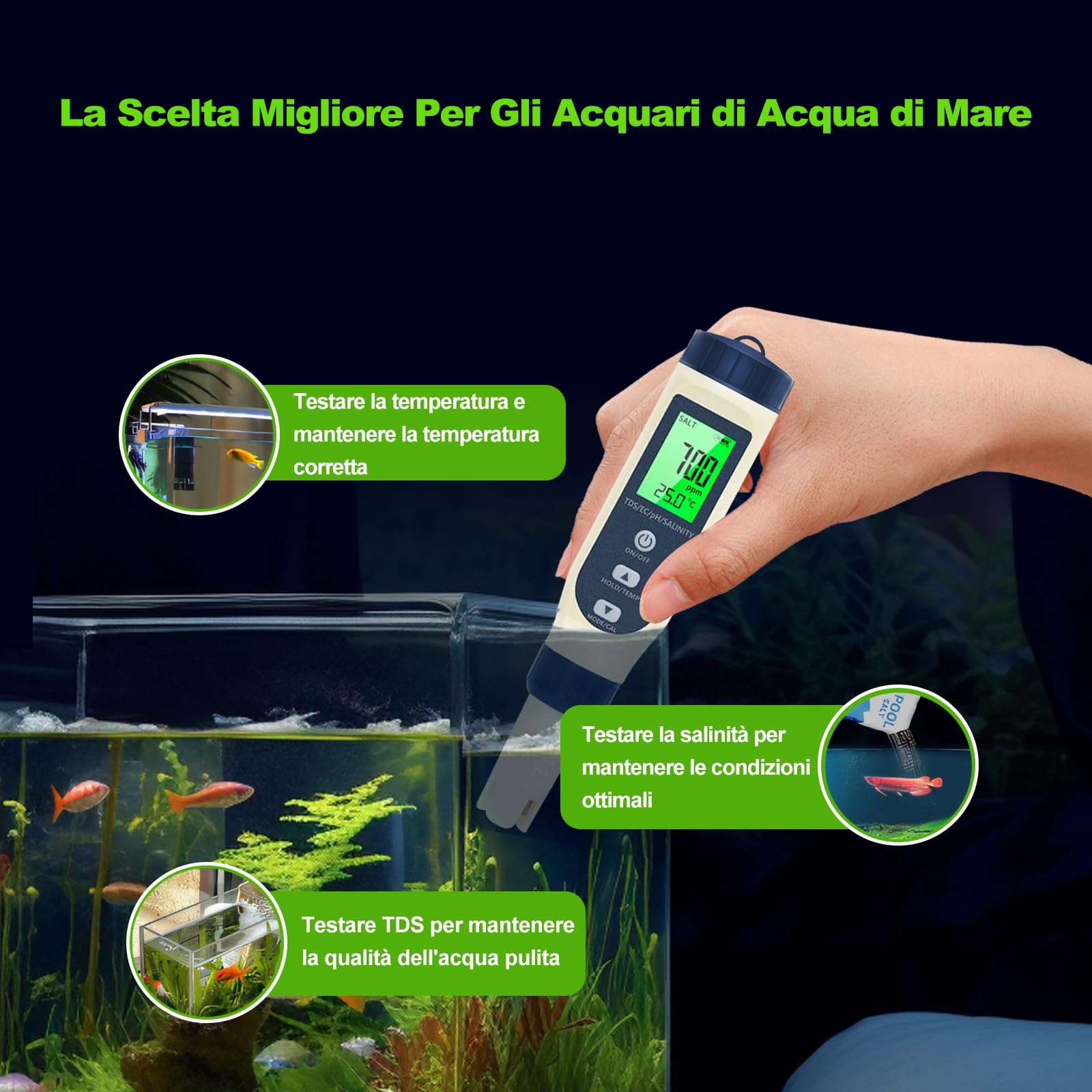 Pious Misuratore ph, pH/TDS/EC/Salinità/Termometro 5 in 1 con Display LCD, Misuratore Ph Acqua alta Sensibilità, Compensazione Automatica della Temperatura, Adatto per Coltura Idroponica, Piscina