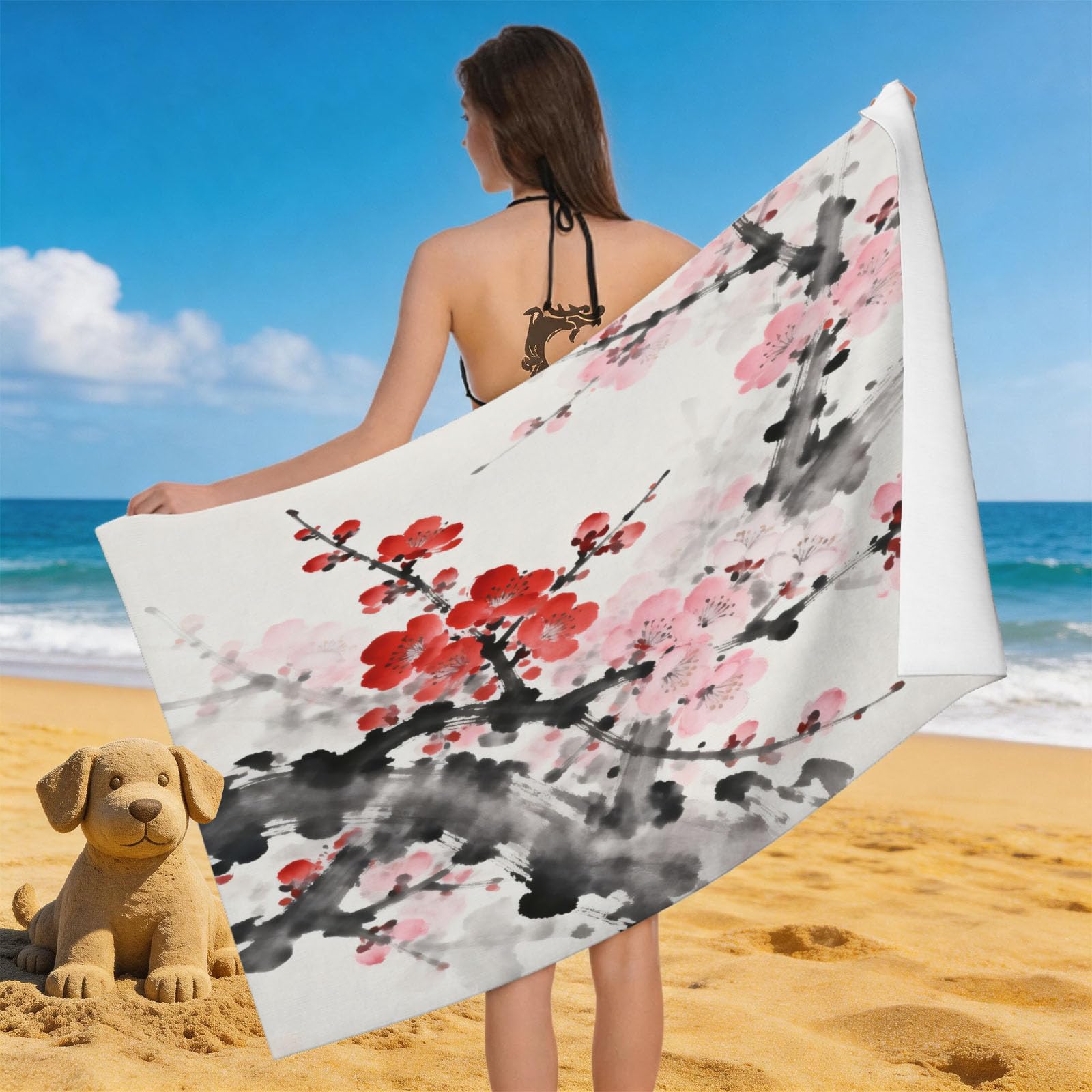 Leichong Men's Red 3D Ink Wash Plum Blossom Beach Towel Microfiber Soft Quick Dry For Adults, Zen Bath Towel Lightweight Soft Absorbent For Travel Swimming Pool Sports, 75 X 150 Cm