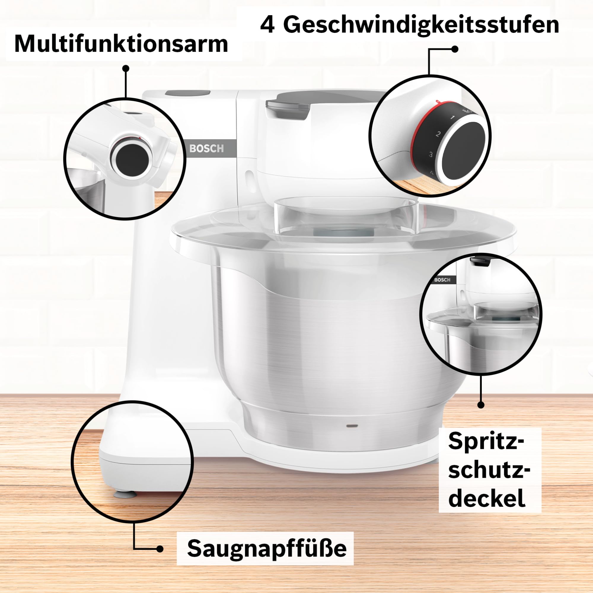 Bosch Küchenmaschine Serie 2, kleine Küchenmaschine, Edelstahl-Schüssel 3,8 L, Knethaken, Schlag-, Rührbesen spülmaschinenfest, 4 Arbeitsstufen, 700W, weiß, MUMS2EW00