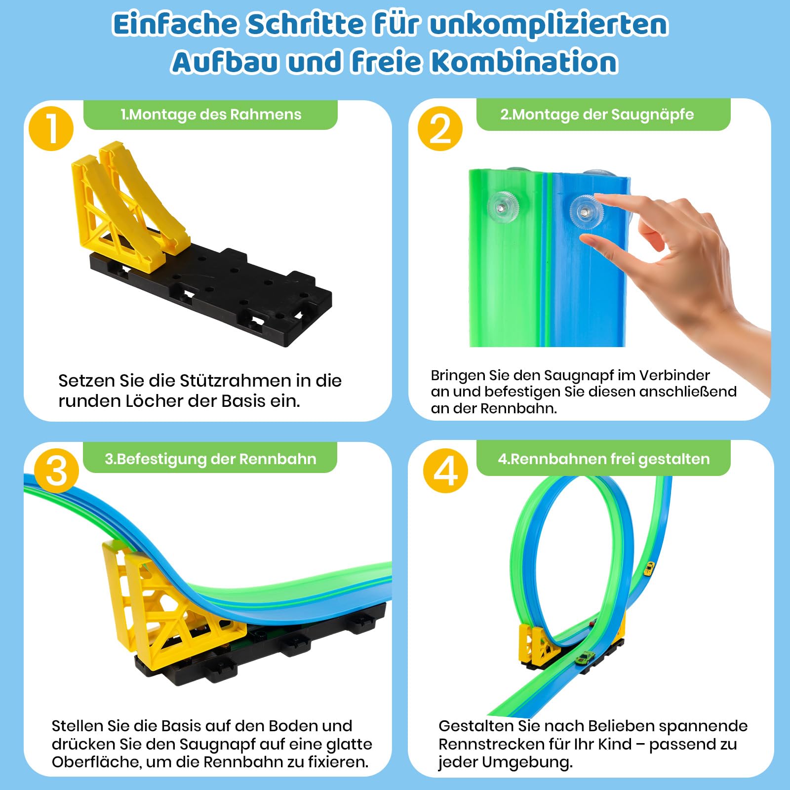 Flexible Autorennbahn Kinder 4.5M, Doppelspur Rennstrecke Tragbare Rennbahn mit 4 Autos,Rennwagen Auto Rennspiel Spielzeug Indoor Outdoor,Geschenke für Jungen Mädchen ab 3 Jahren (Blau&Grün)