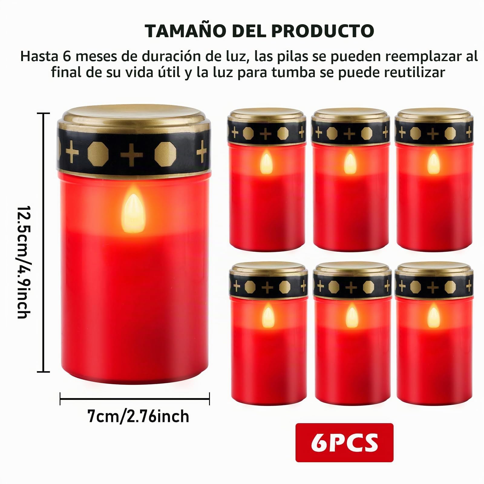 Juego de 6 Velas LED para Tumba Exterior, Vela para Cementerios, Luces Funerarias, Lámpara para Tumbas, Vela Led Efecto Llama, 6 Meses de Duración, Funciona con Pilas (pilas no incluidas)