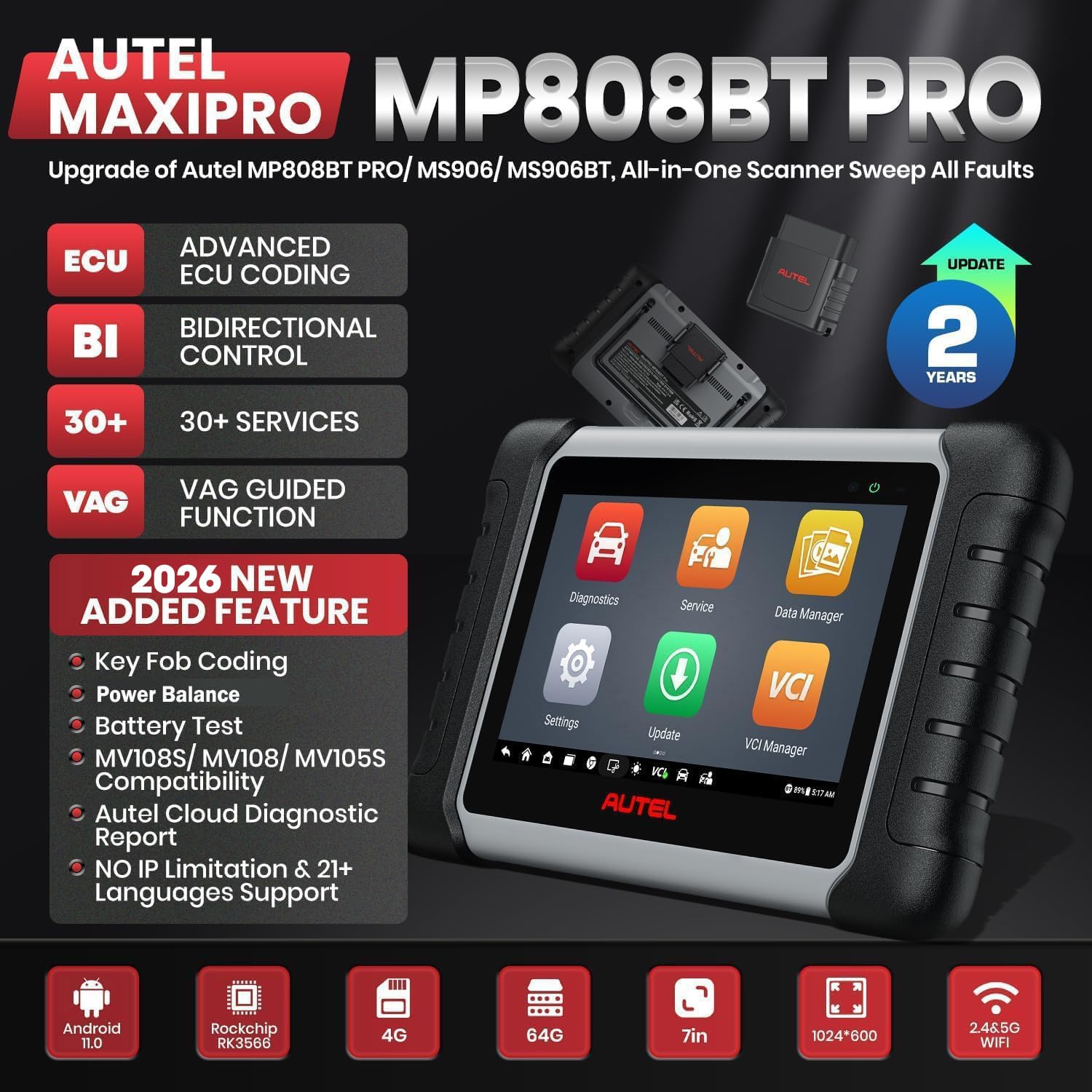 Autel MaxiPRO MP808BT PRO, 2 Lata Bezpłatnej Aktualizacji [o Wartości zł3000], Aktualizacja 2024 MS906BT MP808BT MP808S MP808, Kodowanie ECU, Sterowanie Dwukierunkowe, Serwis 31+, Pełna Diagnoza