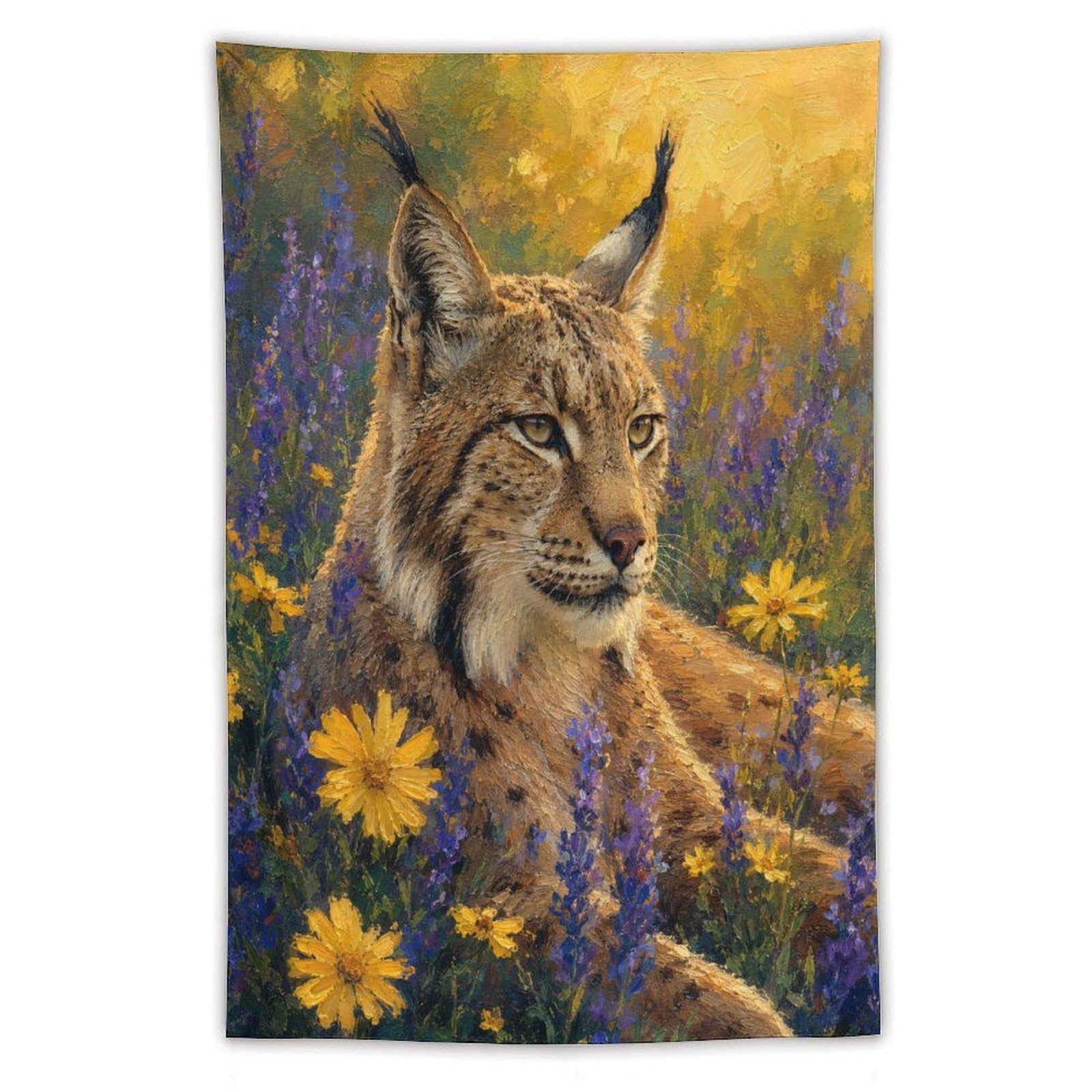 W7C8U2X3 Lynx in Wildflowers Wall Tapestry, Realistic Illustration Style