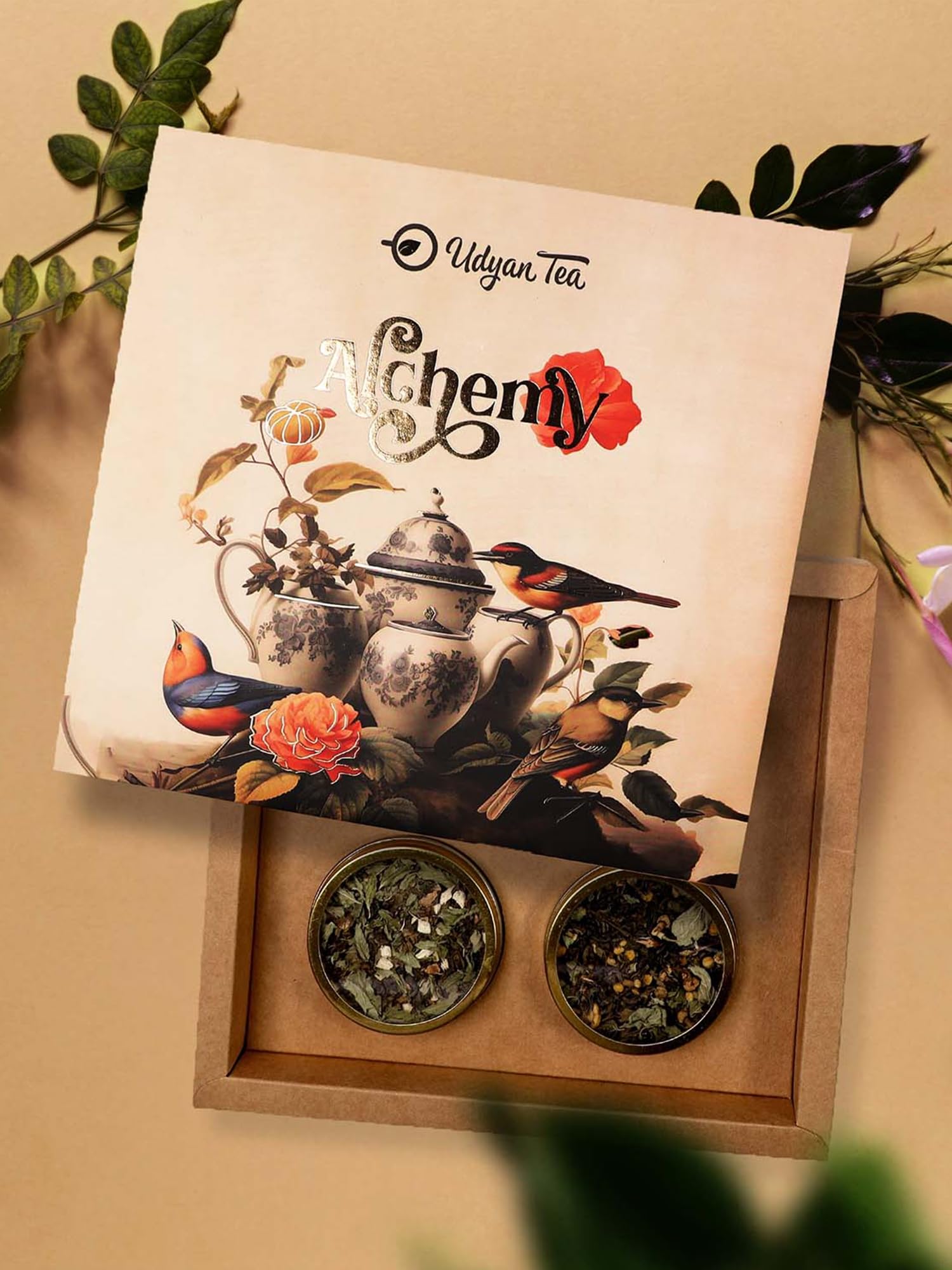 Udyan Tea Premium ALCHEMY Gift Box– 4 Unique Whole Leaf Tea Blends in Gold Foiled Gift Pack – Perfect for Birthday, Corporate, Diwali Gifts – Includes Green & Black Teas in Airtight Tin Caddies