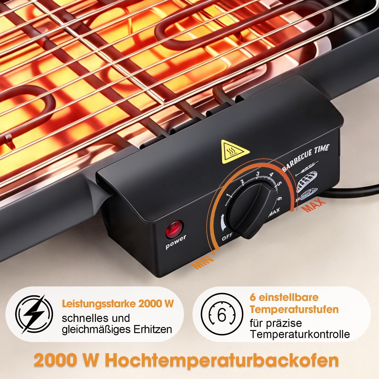 Tischgrill Elektrisch 2000 W,lektrogrill Antihaftbeschichtete Grillplatte, für Drinnen Draußen,mit 6 Temperaturstufen, Abnehmbarem Grillrost und Fettauffangschale für Grillpartys Camping,36 × 22 cm