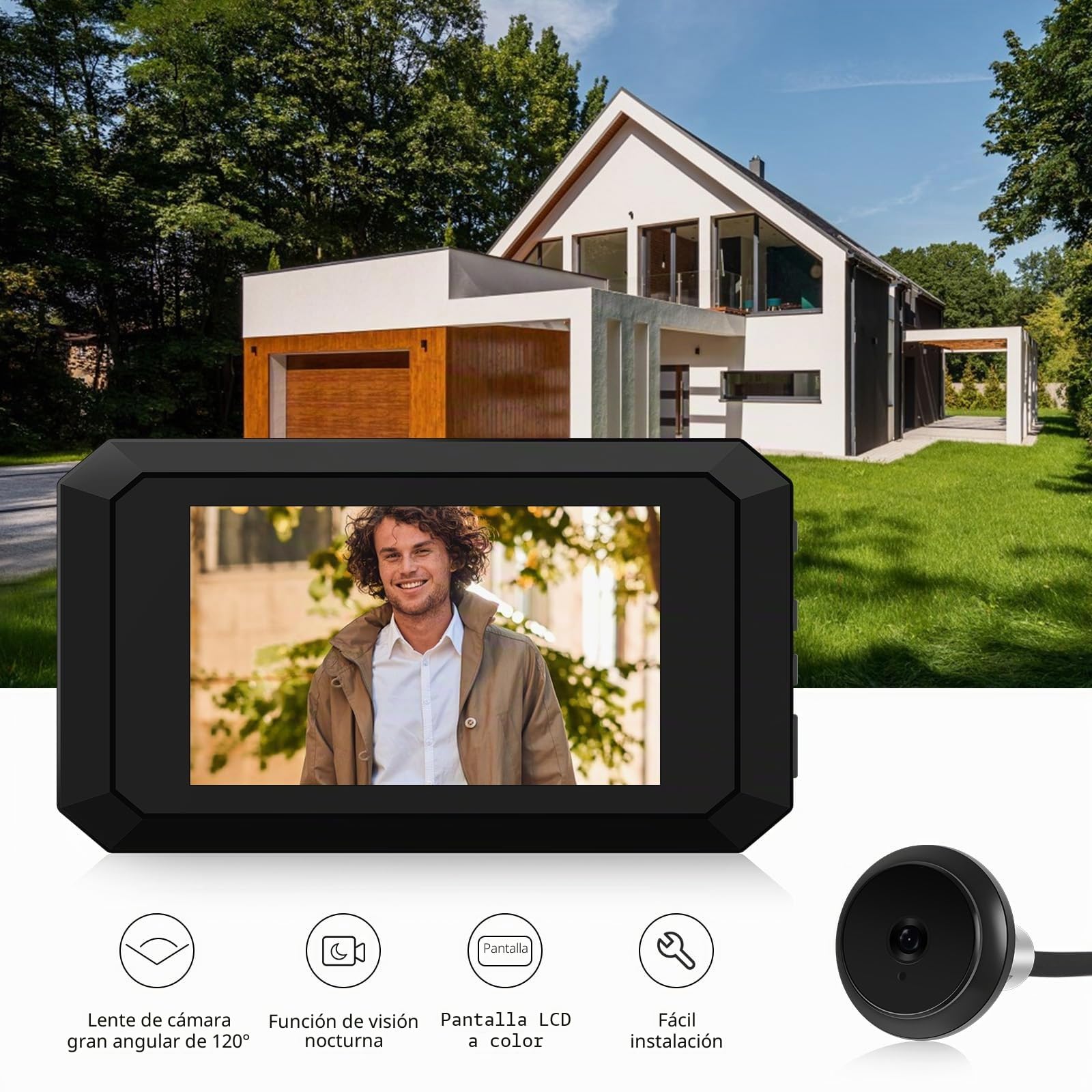 Visor digital de puerta de mirilla, monitor LCD de 3.97 pulgadas con kit de cámara de 1080P 2MP, ángulo de visión amplio de 120°, visión nocturna a color, batería integrada de 1400 mAh