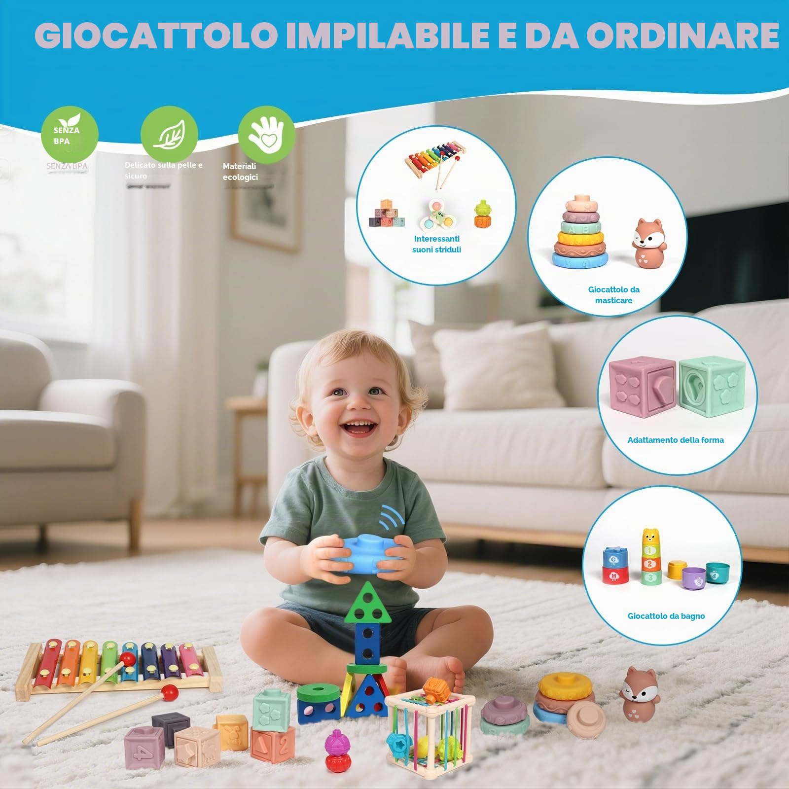 LearnToy Montessori Set Attività 7 in 1 per Bambini 18-36 Mesi - Giocattoli con Blocchi impilabili, Massaggiagengive e Gioco Sensoriale, Idea Regalo