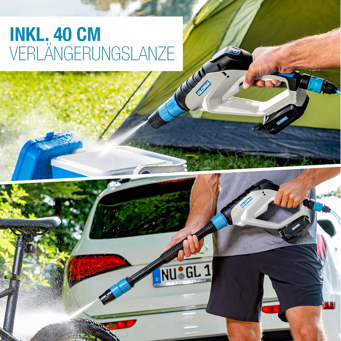 GLORIA Akku Sprühsystem MultiJet 18V Set | Mobiler Hochdruckreiniger & Schaumsprüher mit 3 Druckstufen & 4-in-1 Düse | Inkl. Bosch Akku 18V | Für Reinigung, Garten & Pflanzenschutz
