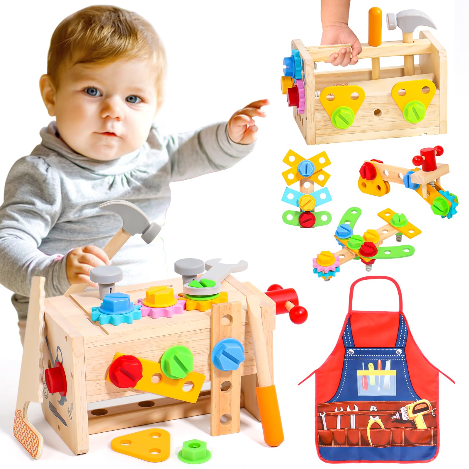 Kids Tool Set 2 3 4 Year Old Boy Toys Wooden Toddler Tools Bench with Apron Montessori Toys for 2+ Years Old Educational STEM Construction Toddler Toy Birthday Gifts for Age 2-4 Boys Girls