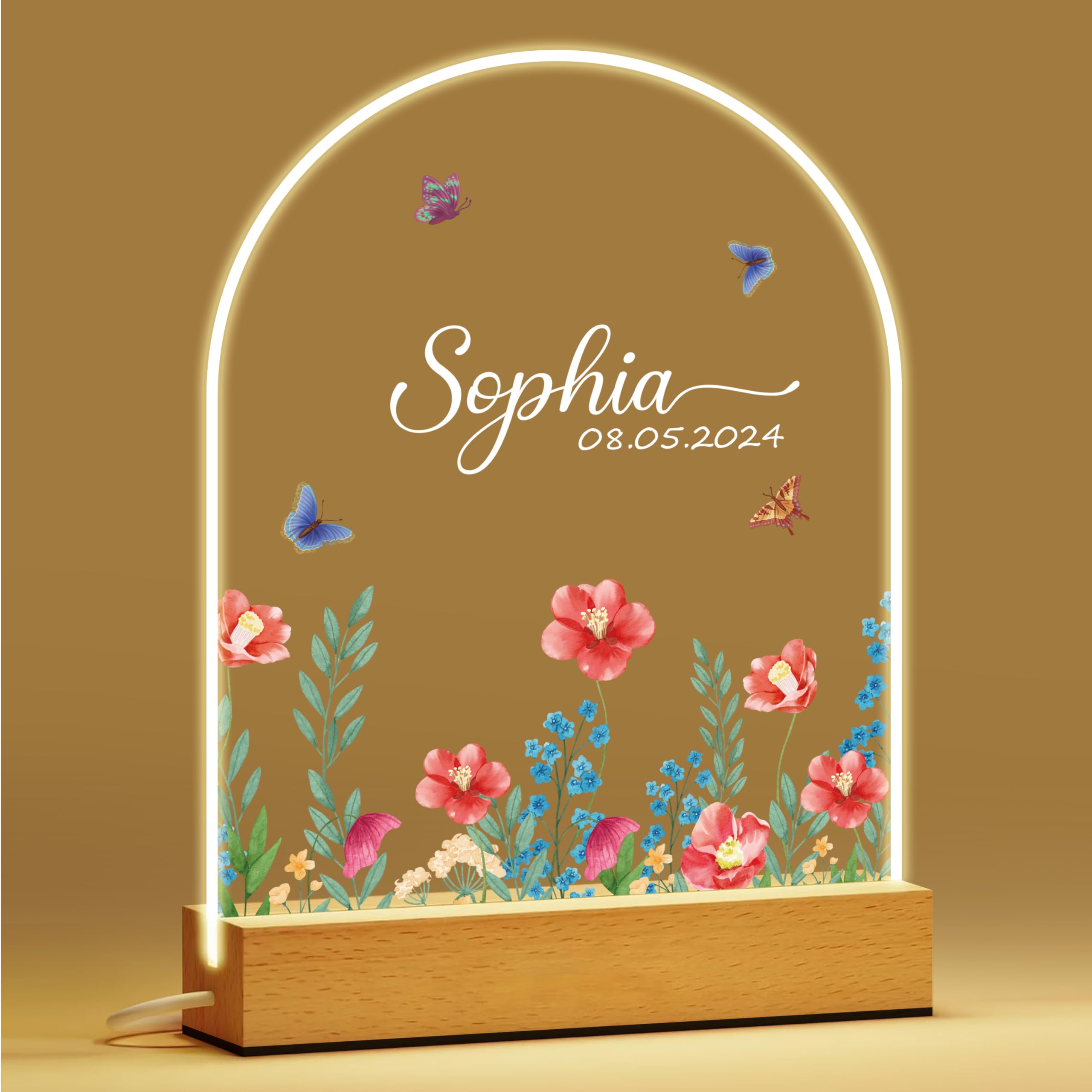 IOUMAM Personalized Baby Gifts, Personalized Night Light for Kids, Wildflowers Night Light with Name Date, Custom Baby Bedroom LED Lamp, Birthday Gift for Kids, Newborn Gift, Nursery Bedroom Decor
