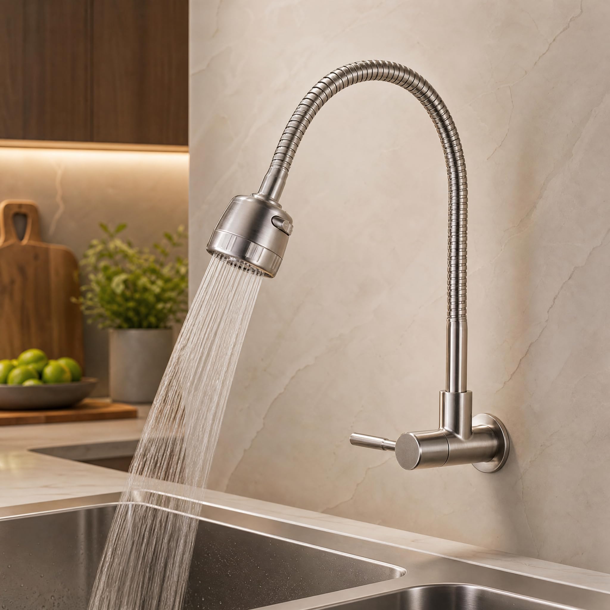 InArt Wall Mounted Flexible Kitchen Faucet, Brushed Silver Gooseneck Sink Tap with Adjustable Spray Head, Single Lever, Anti-Splash Flow, 5 Year Leakage Warranty-image-17