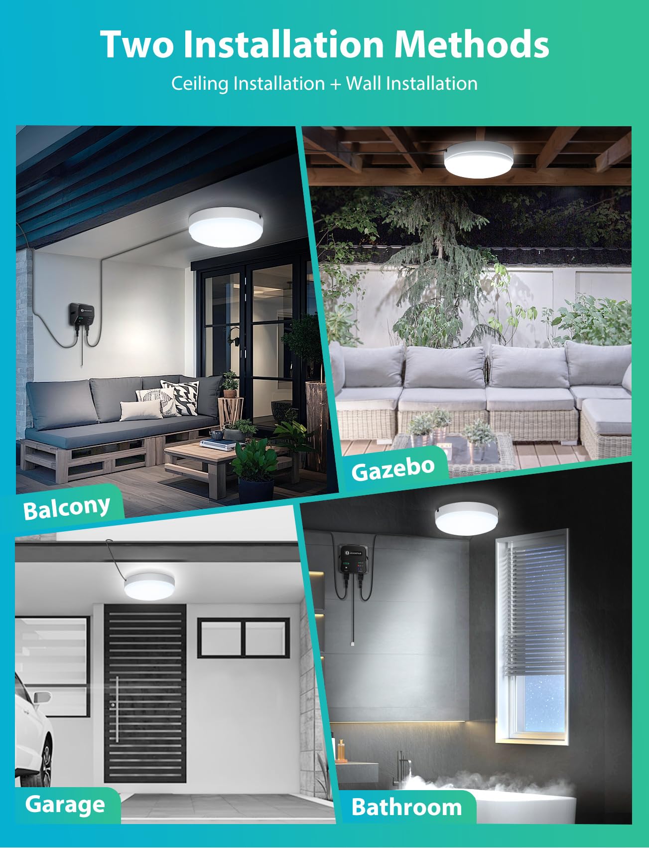 Aigostar Luz Solar Interior Exterior 70W Plafón LED Techo Solar con Caja de Almacenamiento de Energía, Mando a Distancia, IP65 Impermeable, Cable de 8m, Ajustable 6500K, 2pcs