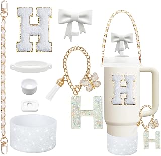 8PCS Stanley Cup Accessories Set for Stanley Cup 30oz 40oz Tumbler with Handle,Including Straw Topper Cover Cap and Boot,Spill Proof Stopper,Handle Charm,Initials Sticker (White H)