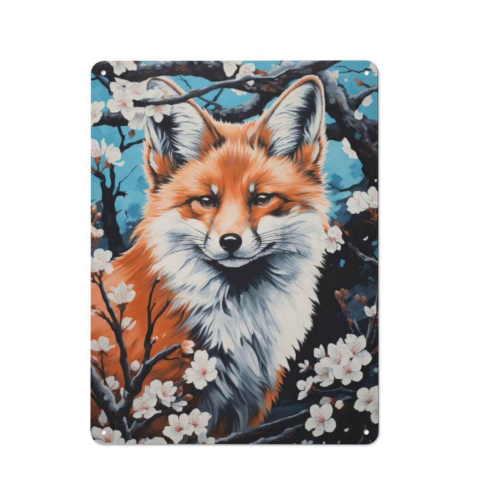 Junmoney Fox In Blossom Japan Retro Tin Wall Plaque 40X30cm Featuring For Pub Or Café, New-Space Wall Decor For Pub Decor Enthusiasts