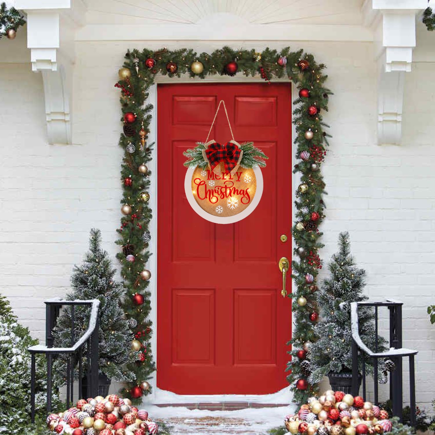 HOMCDALY Letrero de bienvenida de Feliz Navidad para puerta delantera, corona de Navidad de invierno con luz, decoración de puerta de granja, letrero colgante de madera, decoración de Navidad