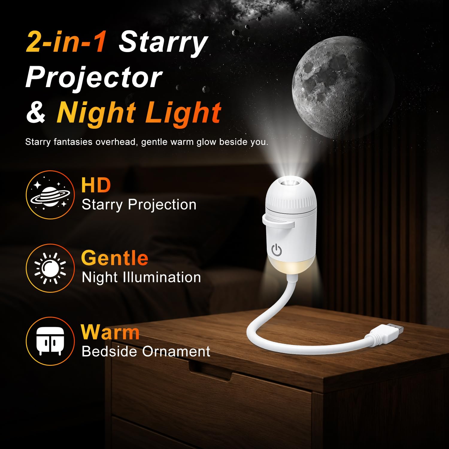 Proyector Galaxy Star 2 en 1, luz nocturna holográfica inteligente HD con | Proyector espacial oceánico para dormitorio, rotación USB de 360°, proyector de estrellas Plug and Play para camping