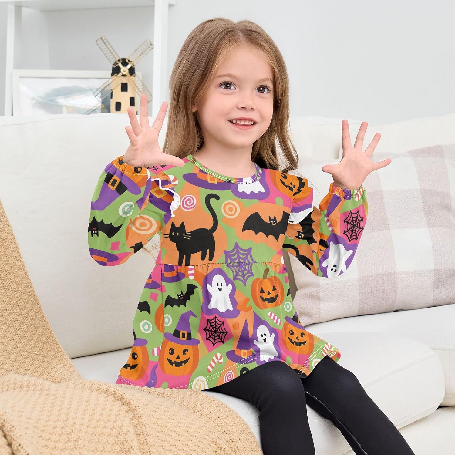 visesunny Toddler Clothes for Girls Cute Childish Halloween Long Sleeve Fall Shirts Cotton Top with Ruffle Collar