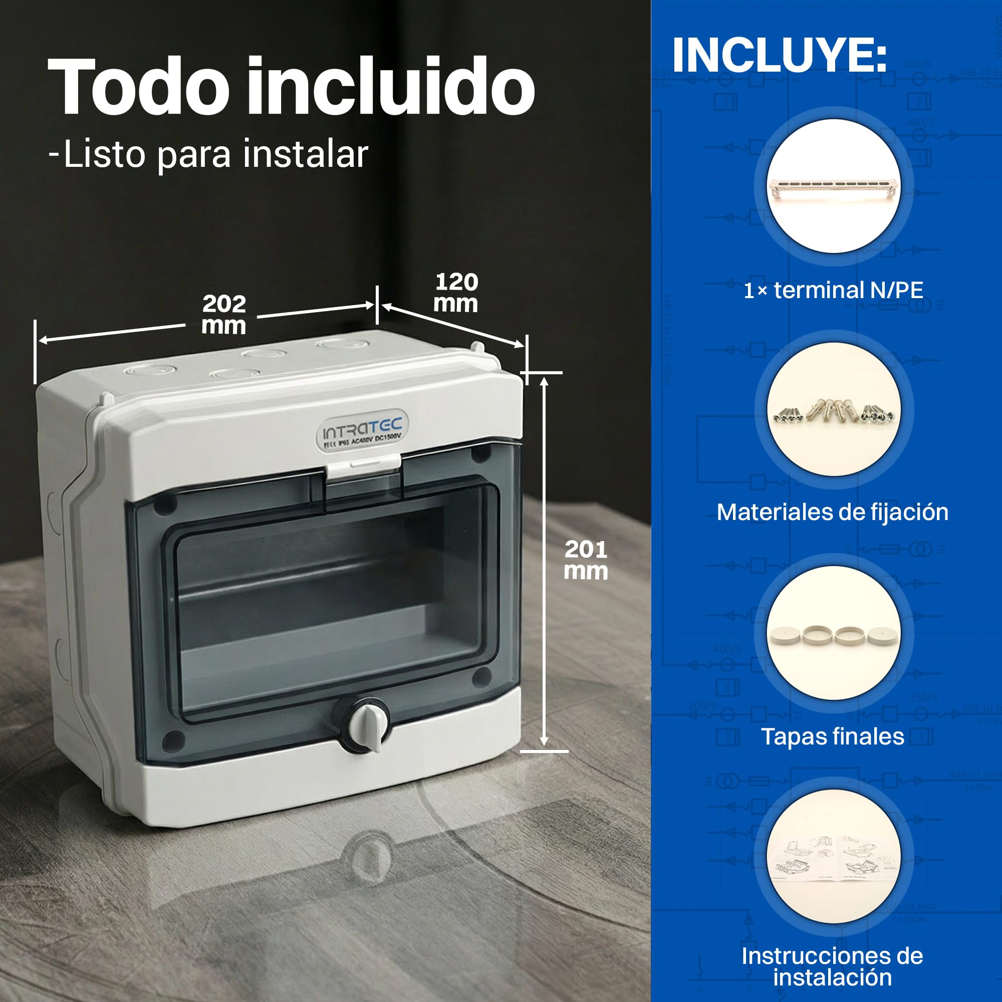 Intratec Caja de Distribución Superficie 1 Fila IP65 – Cuadro Eléctrico para 8 Módulos DIN – Caja de Subdistribución Estanca para Exterior Garaje – 400VAC 1500VDC, 202 x 201 x 120 mm - 10 Pack