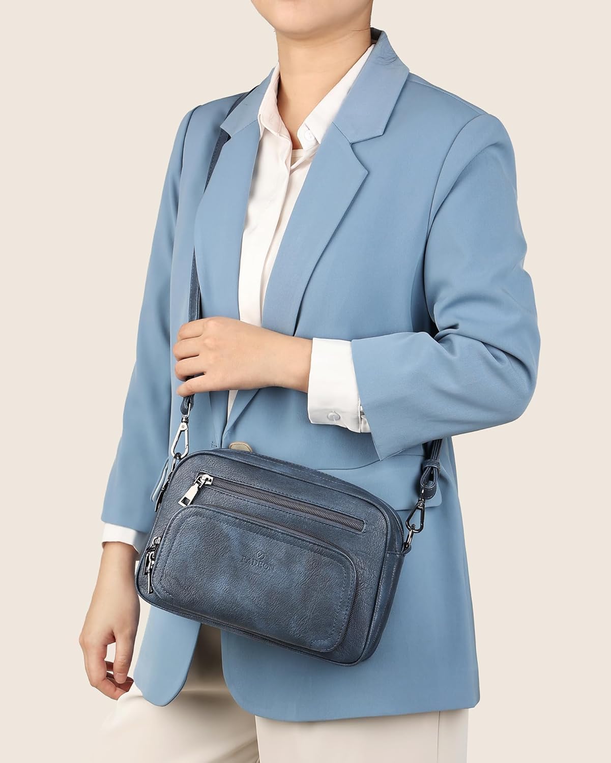 FADEON Crossbody Bags for Women Multi-pocket Leather Crossbody Purses, Designer Shoulder Bag Purse Removable Strap Blue - Image 2