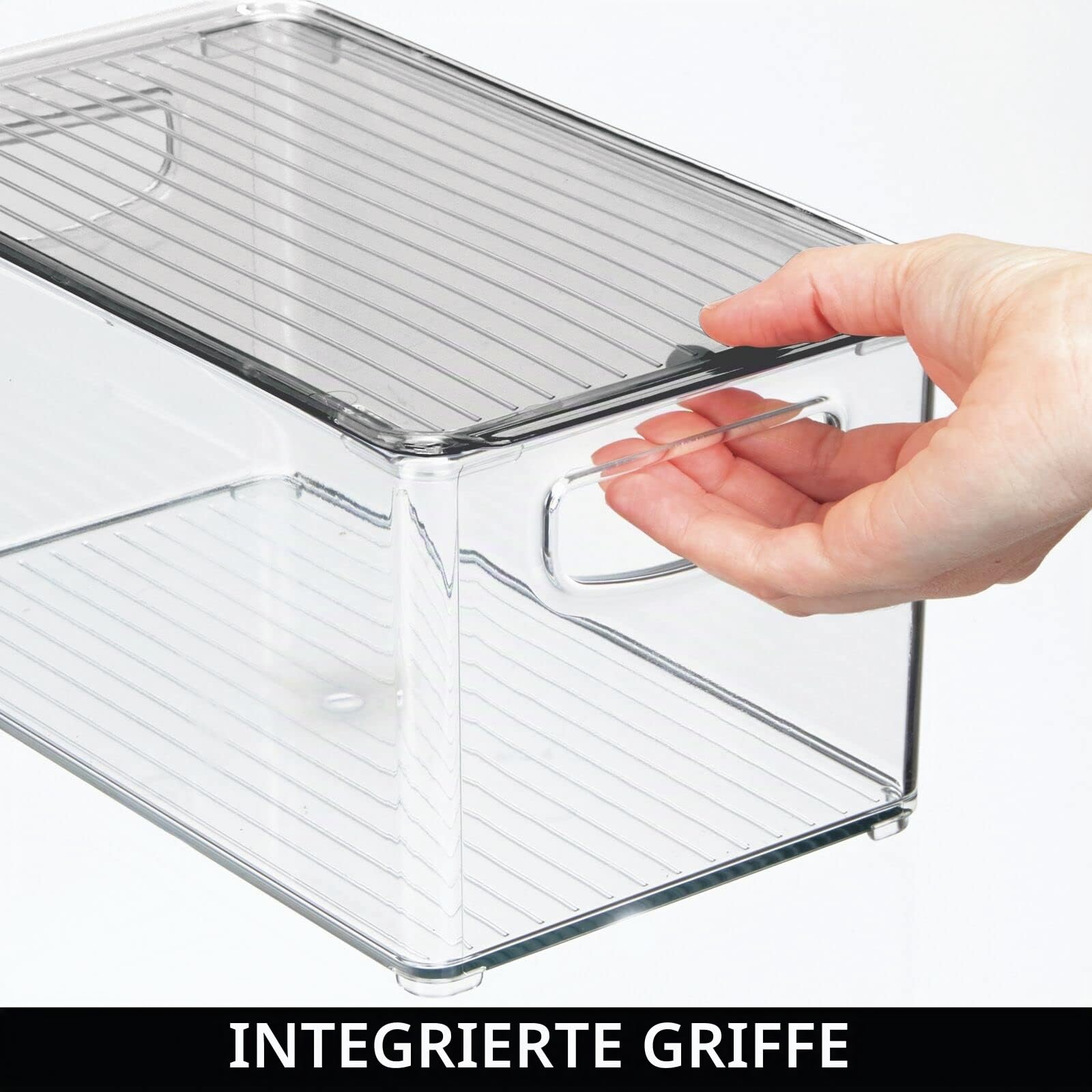 mDesign 4er-Set Aufbewahrungsbox mit Griffen – Kühlschrankbox mit Deckel zur Lebensmittelaufbewahrung – Ablage aus BPA-freiem Kunststoff für den Küchen- oder Kühlschrank – durchsichtig und grau