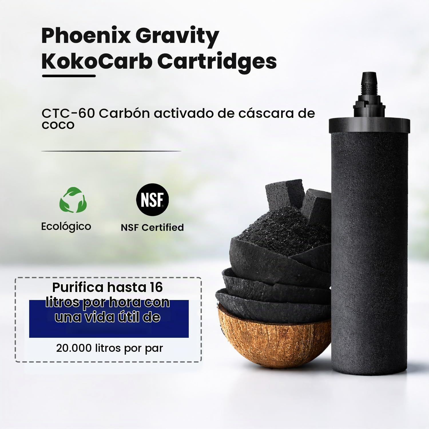 Phoenix Gravity KokoCarb - Cartuchos de filtro de carbono con certificación NSF (paquete de 2) – Repuesto de carbón activado de cáscara de coco para filtros de agua por gravedad – Compatible con otros