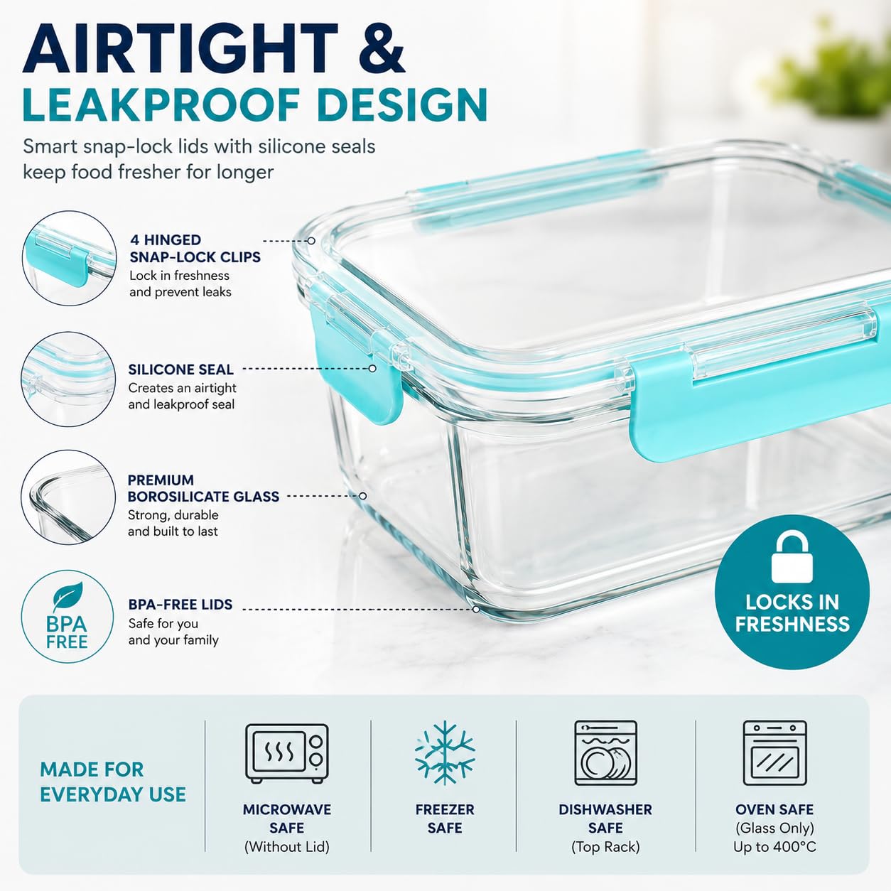 Confezione da 4 contenitori in vetro per la preparazione dei pasti con coperchio, 1040 ml, grandi contenitori per alimenti in vetro, ermetici, senza BPA, adatti a microonde, congelatore e